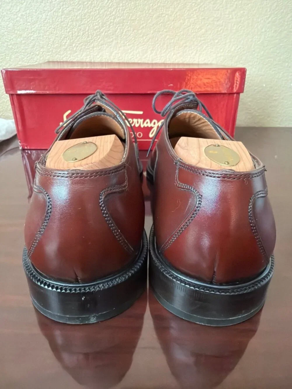 VTG Salvatore Ferragamo "Torre" Men's Tan Leather Cap Toe Oxfords Sz 10 w/Box - Picture 4 of 16
